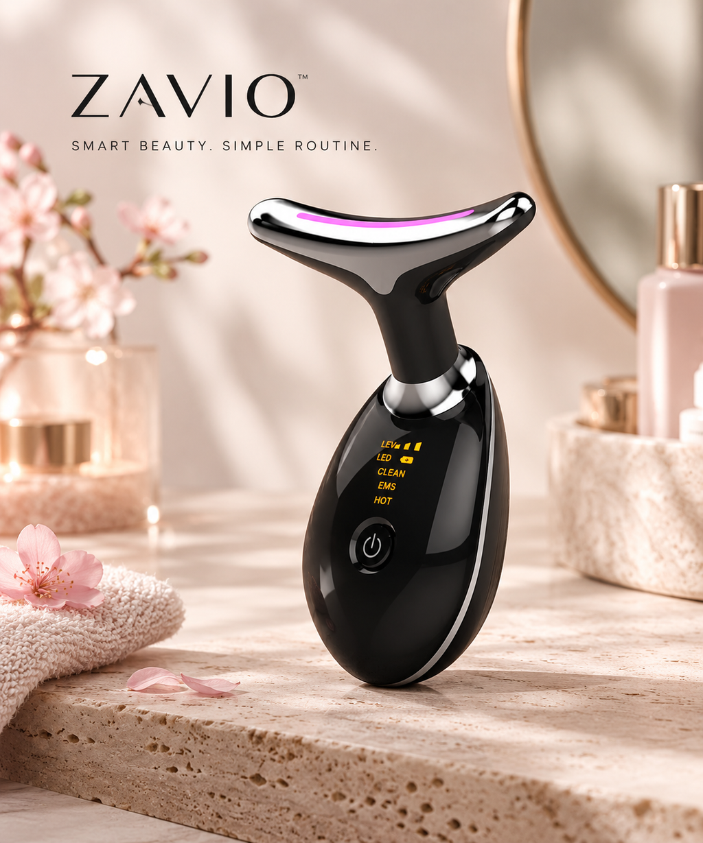 ZAVIO NeckGlow in black and silver on a marble shelf, with the mode labels HOT, EMS, CLEAN and LED lit in amber on the handle