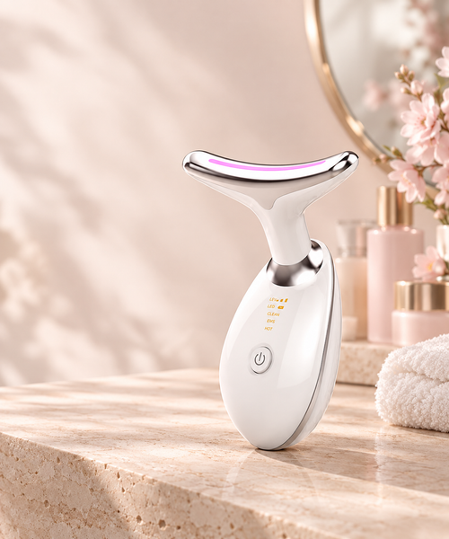 ZAVIO NeckGlow in white standing on a marble shelf, the curved chrome head lit with a pink LED strip