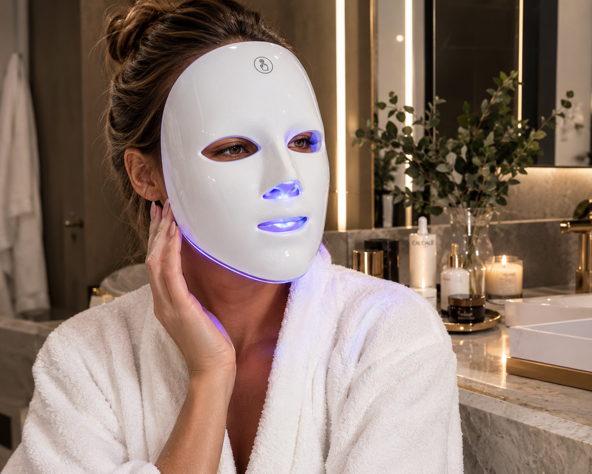 A woman in a white robe wearing the ZAVIO GlowMask with the blue light running