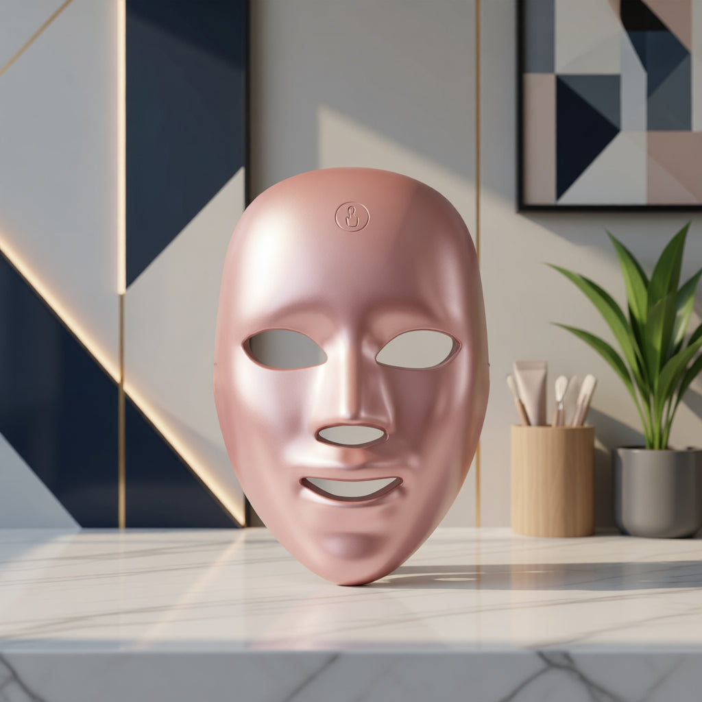 The ZAVIO GlowMask in the rose gold finish on a counter, lit with pink light