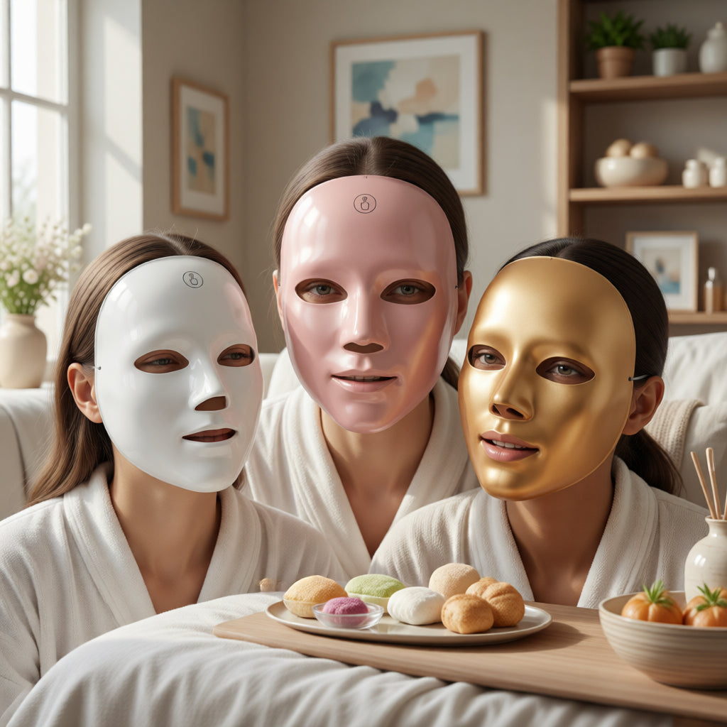 Three women in robes wearing the ZAVIO GlowMask in white, rose gold and gold