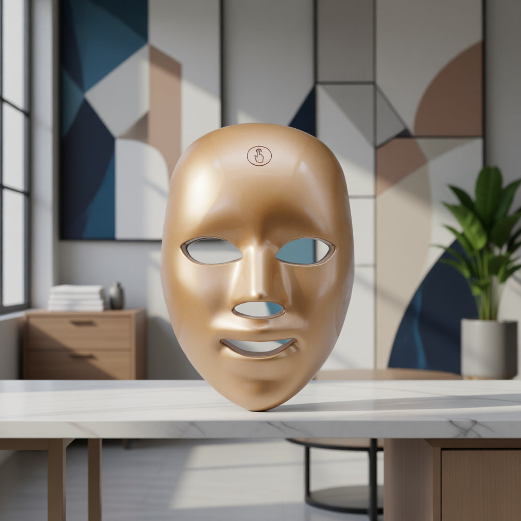 The ZAVIO GlowMask in the gold finish on a counter, lit with blue light