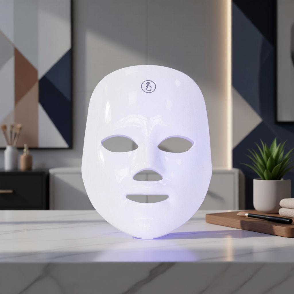The white ZAVIO GlowMask on a counter with the light running, casting a violet glow across the surface